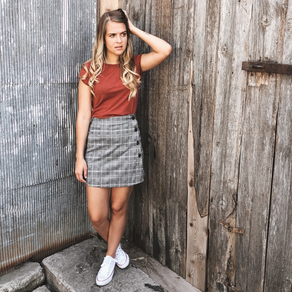 Plaid Mini Skirt with Buttons
